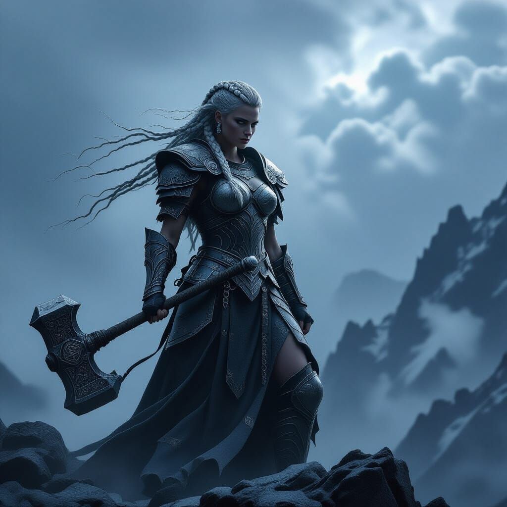 Battle Goddess on Windswept Peak in Norse Horror Style
