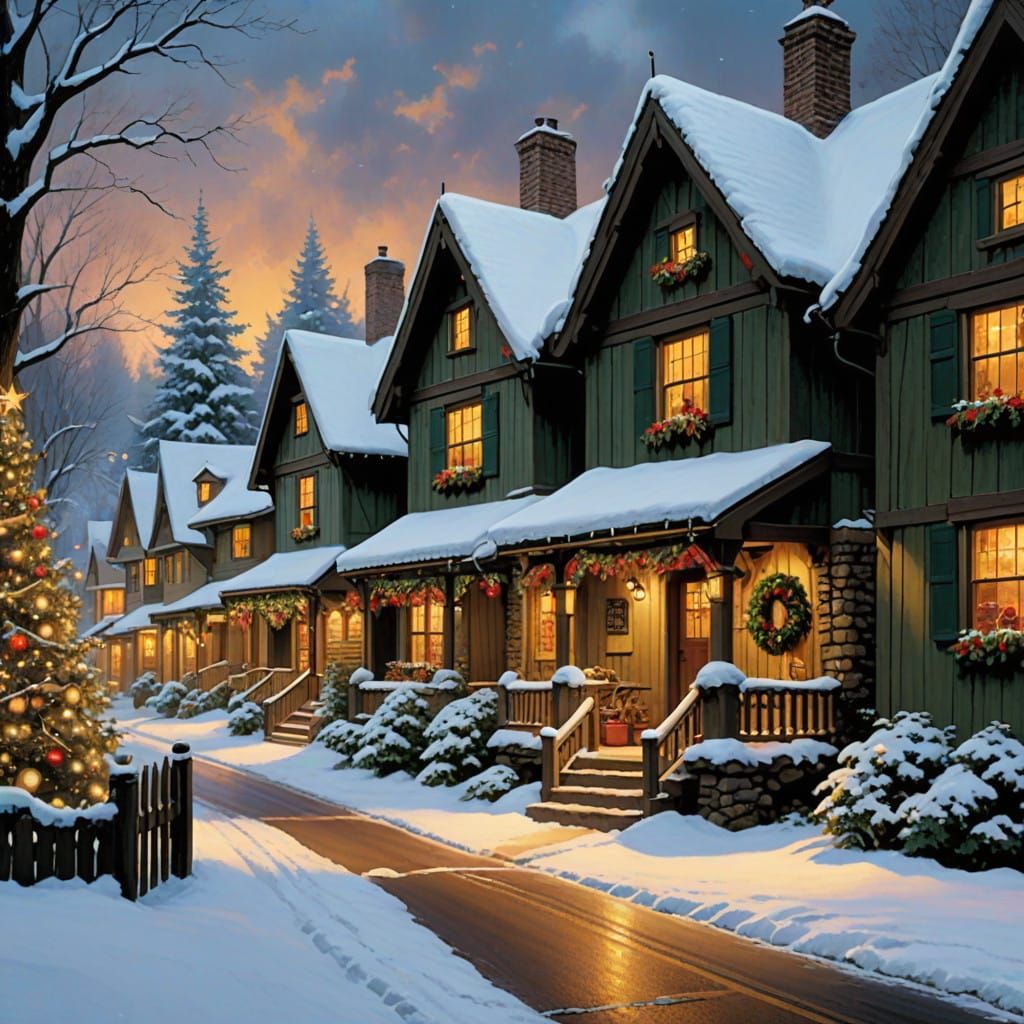 Winter Wonderland Village Street with Festive Lights and Wre...