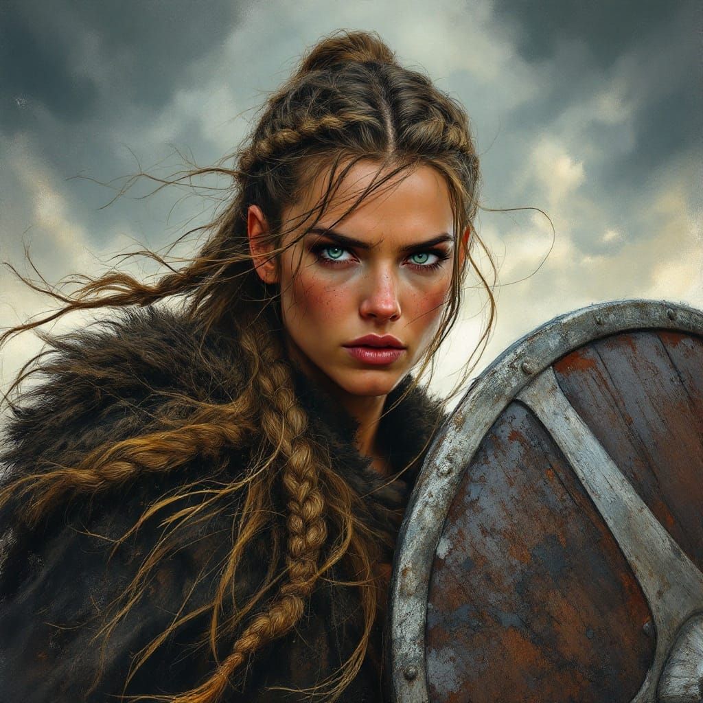 Viking Shieldmaiden in Stormy Skies, Painterly Illustration