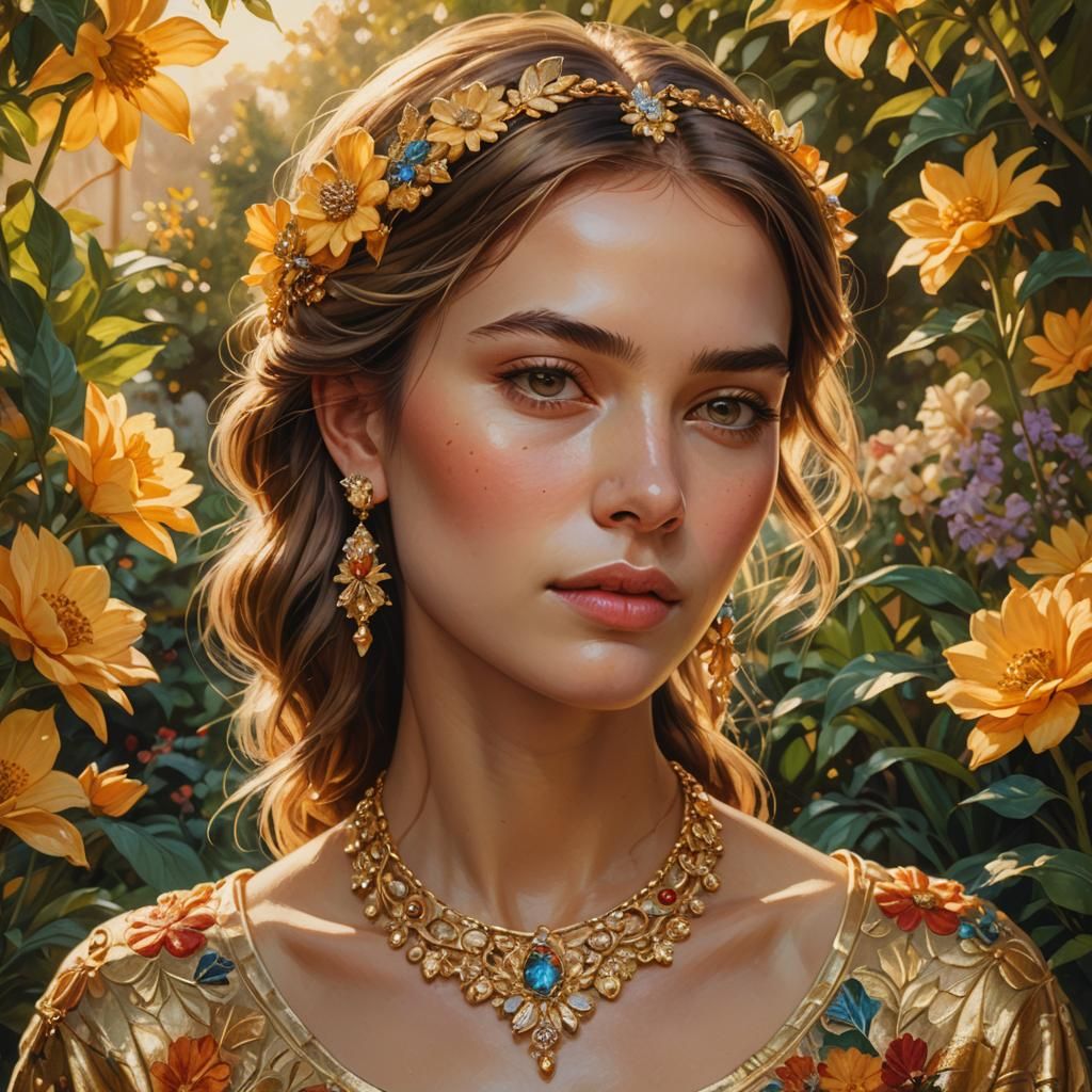 Radiant Woman in Sunlit Garden: Oil Painting