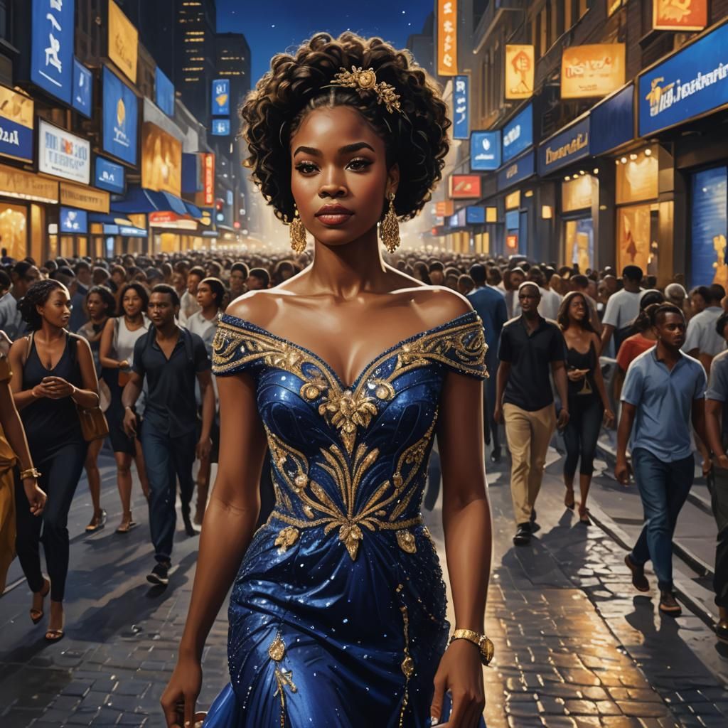 Elegant Woman in Blue Gown Walks City Street