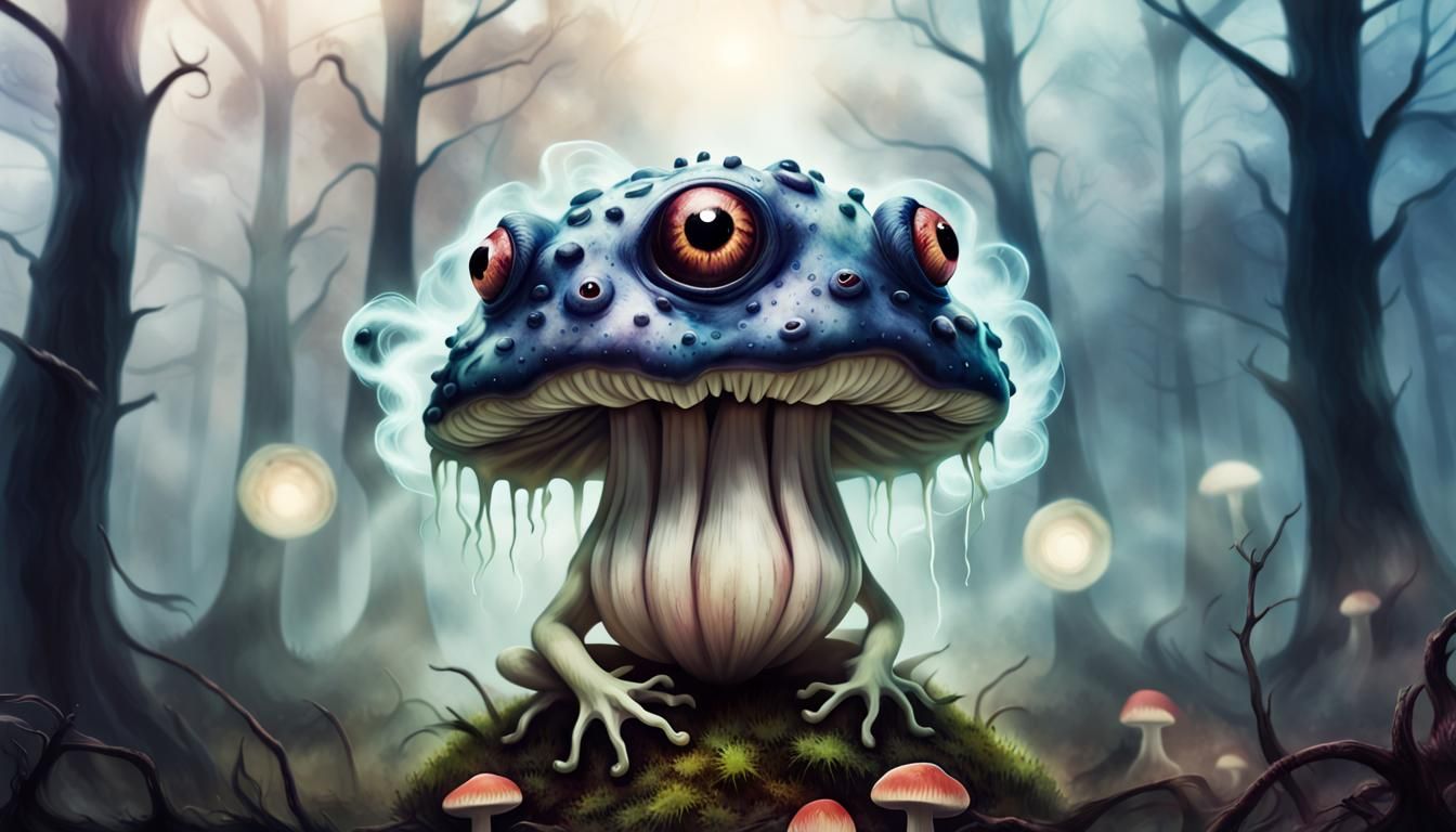 Eerie Frog Mushroom Monster in Forest Watercolor