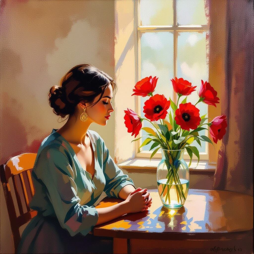 Red Flowers in Glass Vase, Warm Oil Painting Style