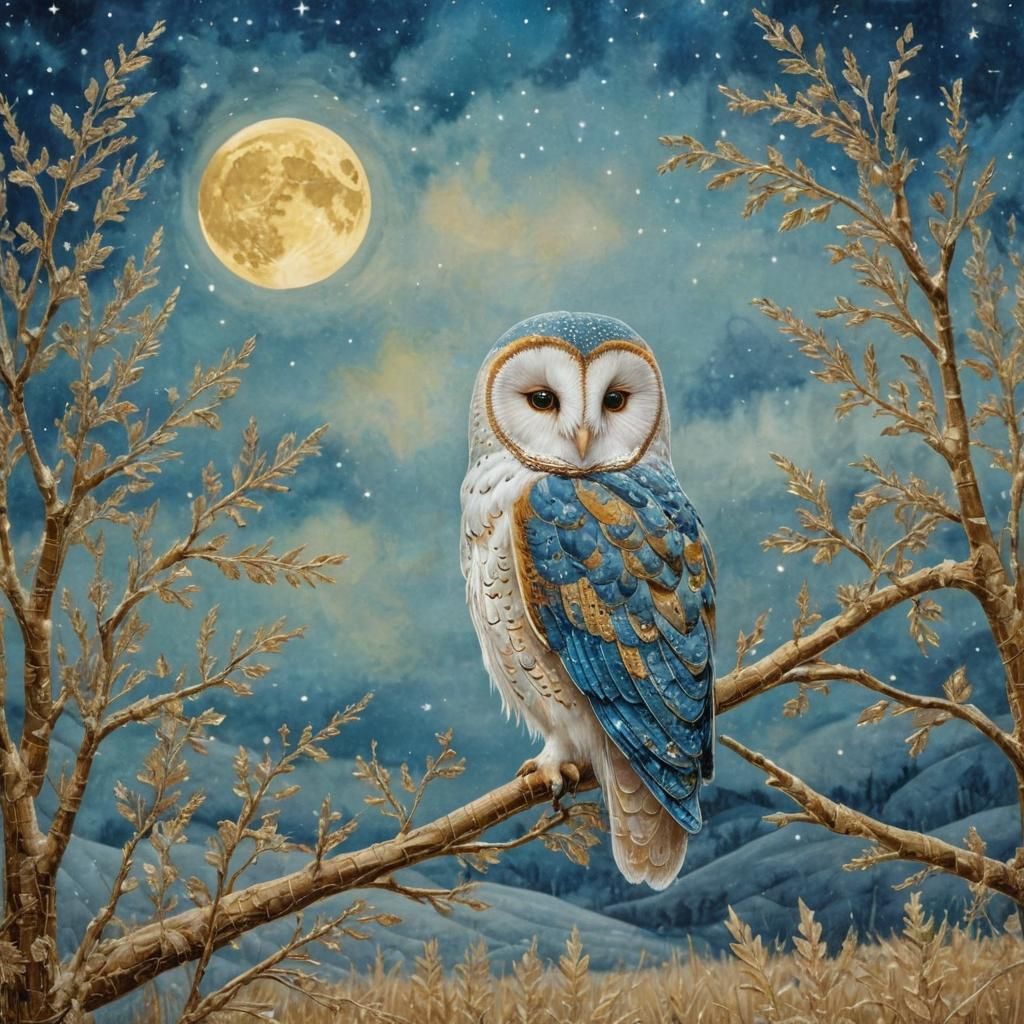 Velvet Barn Owl Amidst Celestial Fabric in Expressionist Sty...