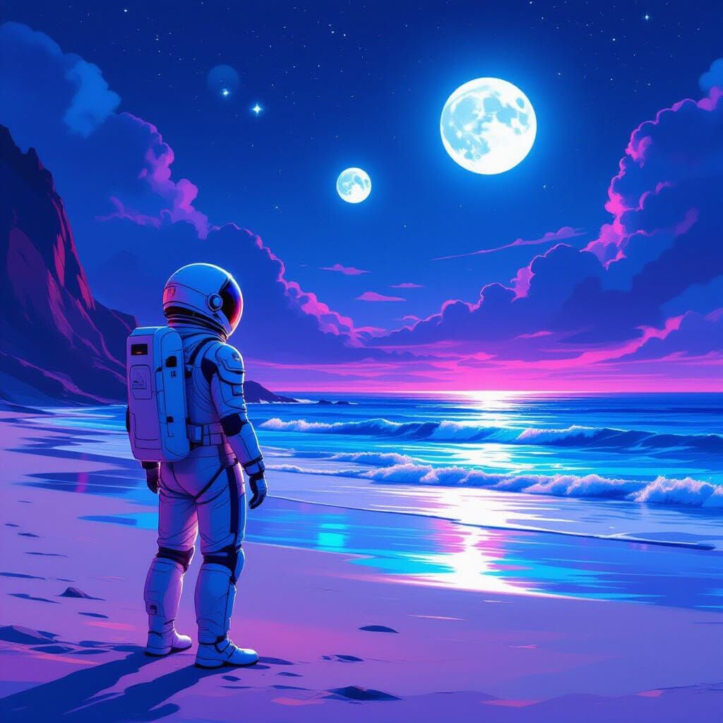 Astronaut on Alien Beach Under Twin Moons