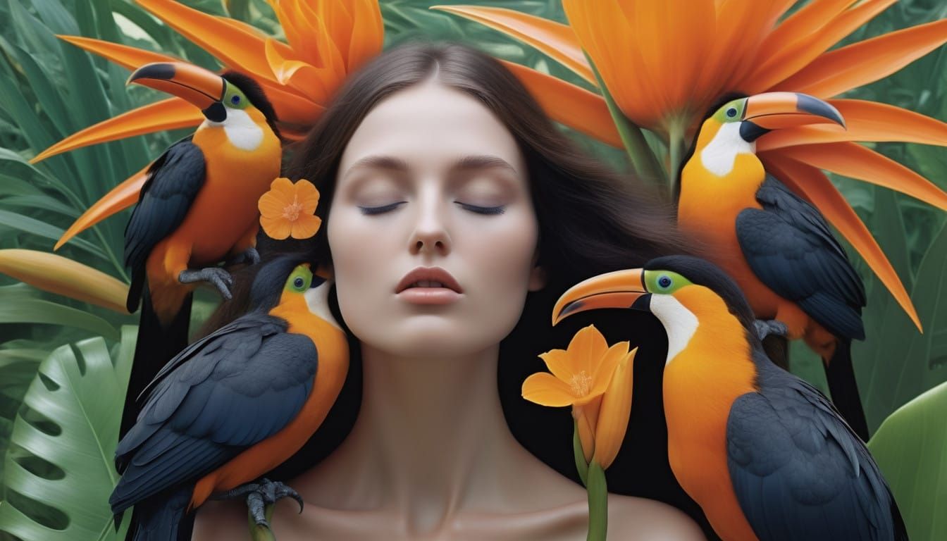 A Serene Woman Tends to Exotic Birds and Flowers in a Whimsi...