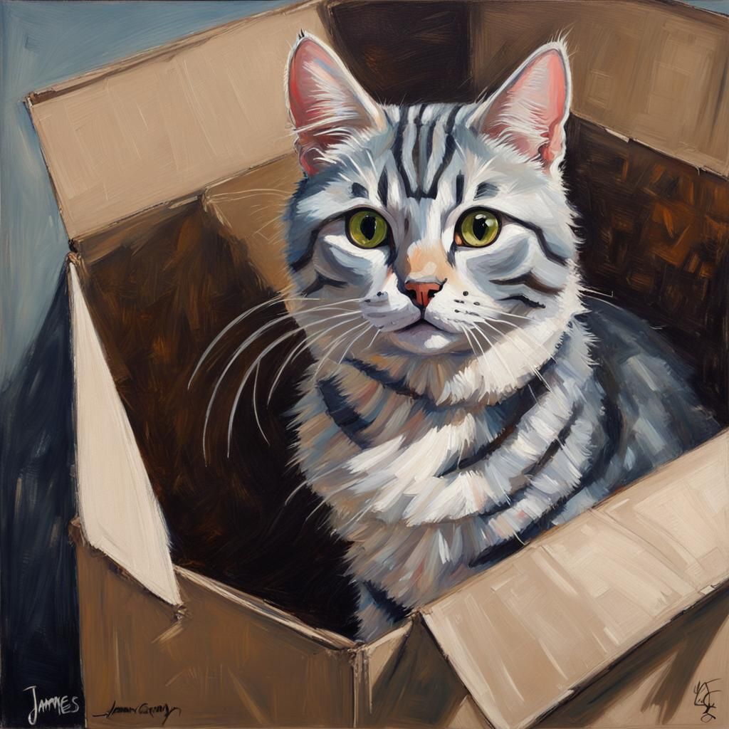 Silver Tabby Cat in Box as Oil Painting