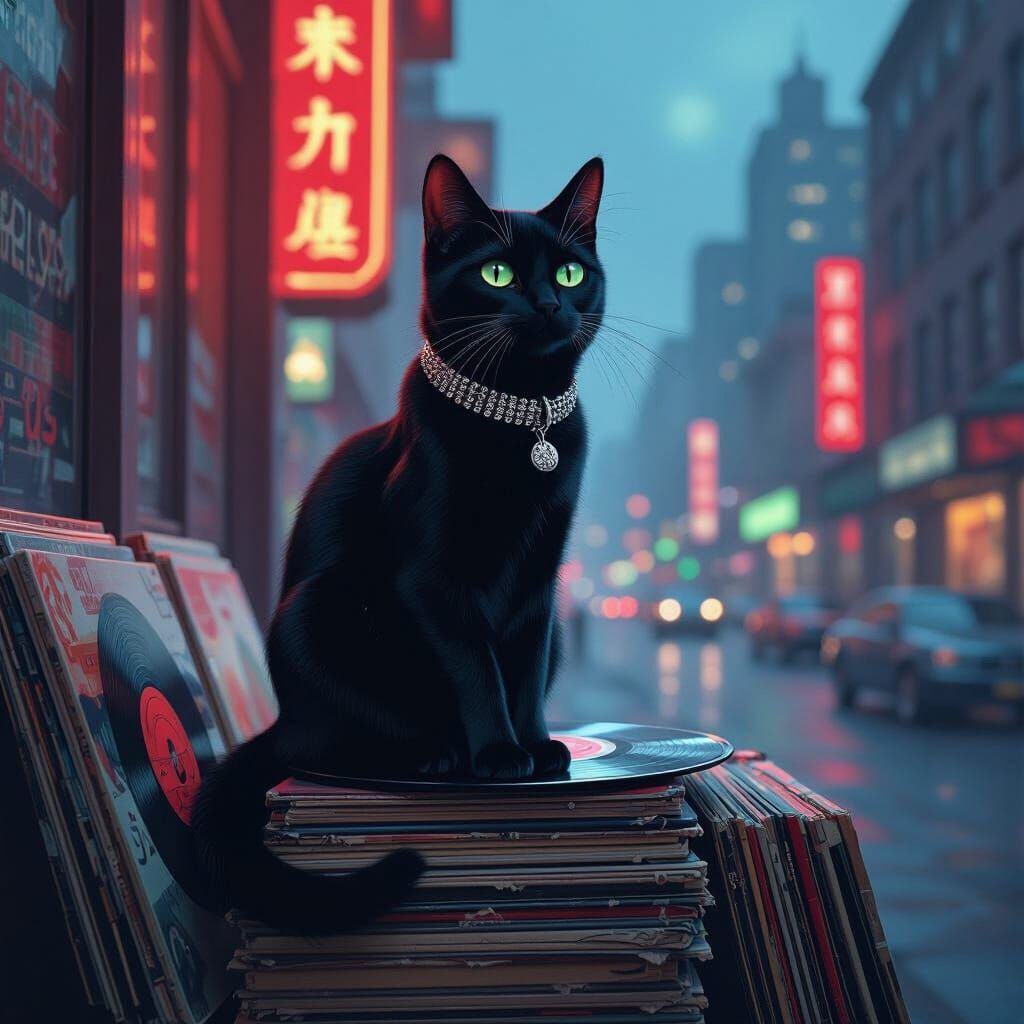 Black Cat Sits on Records in Futuristic Cityscape