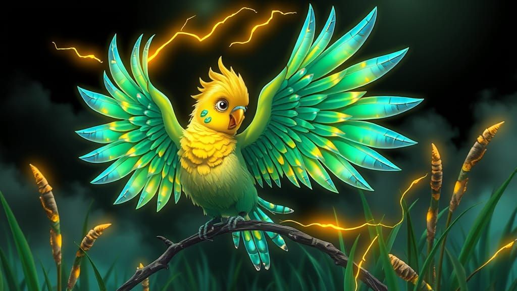 Chibi Parakeet with Gemstone Feathers in Fibonacci Spiral