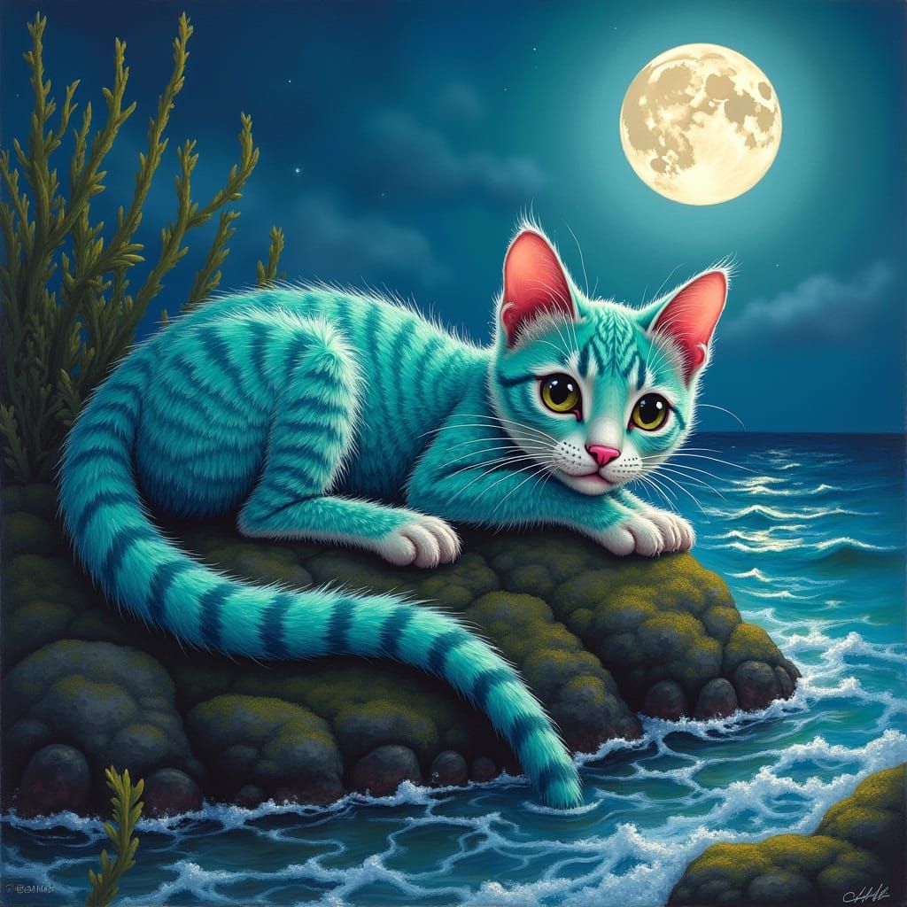 Iridescent Scaled Cat Lounging Under Moonlight