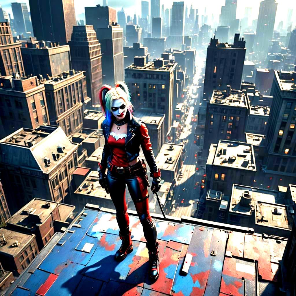 Harley Quinn on Gotham Rooftop: Detailed Matte Painting