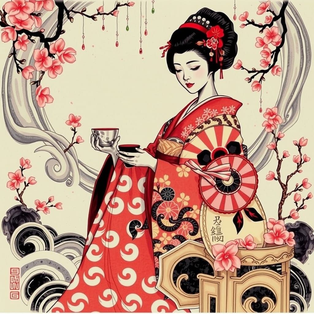 Elegant Geisha Serving Tea in Ink Art Style