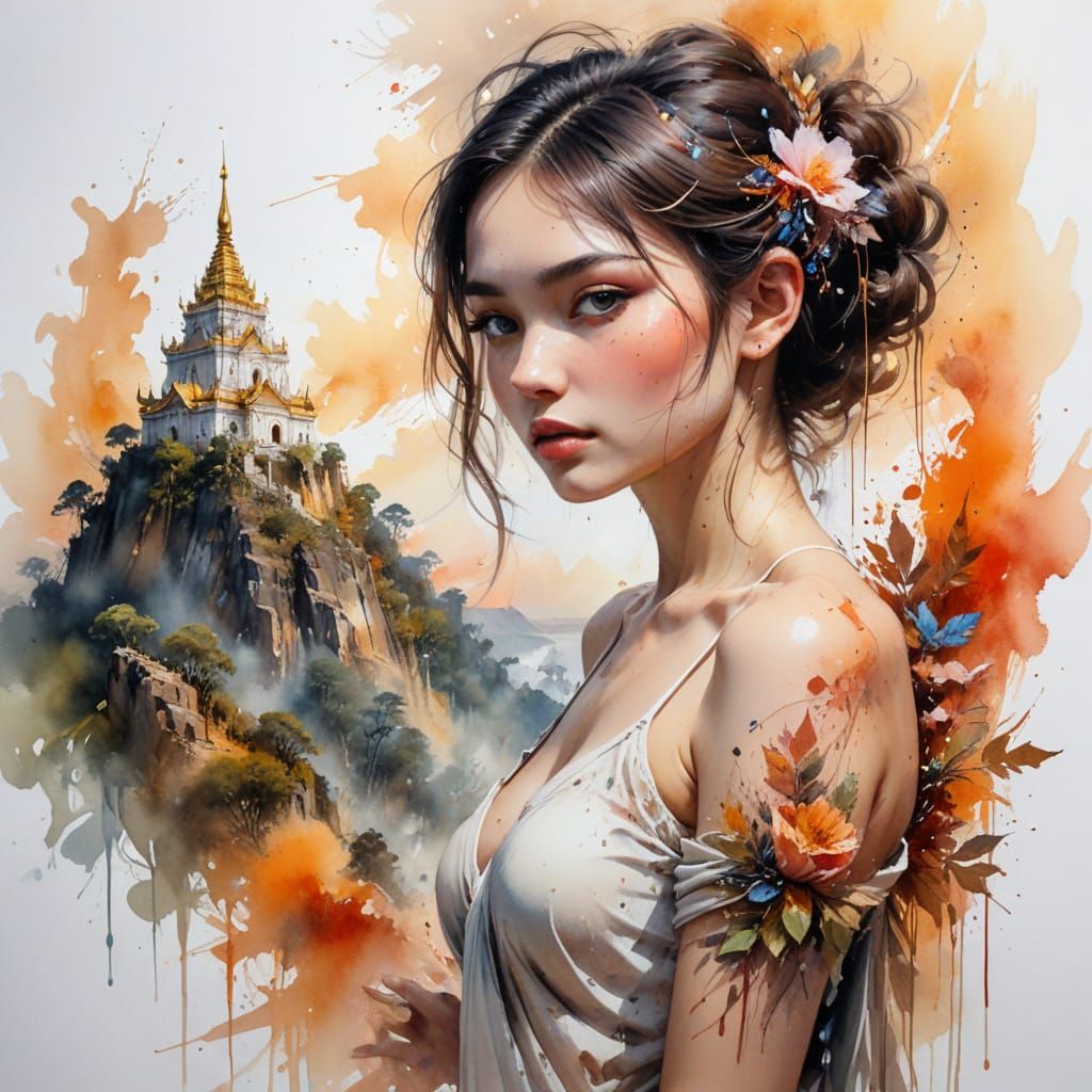 Mount Popa Monastery at Sunrise, in Watercolour Style