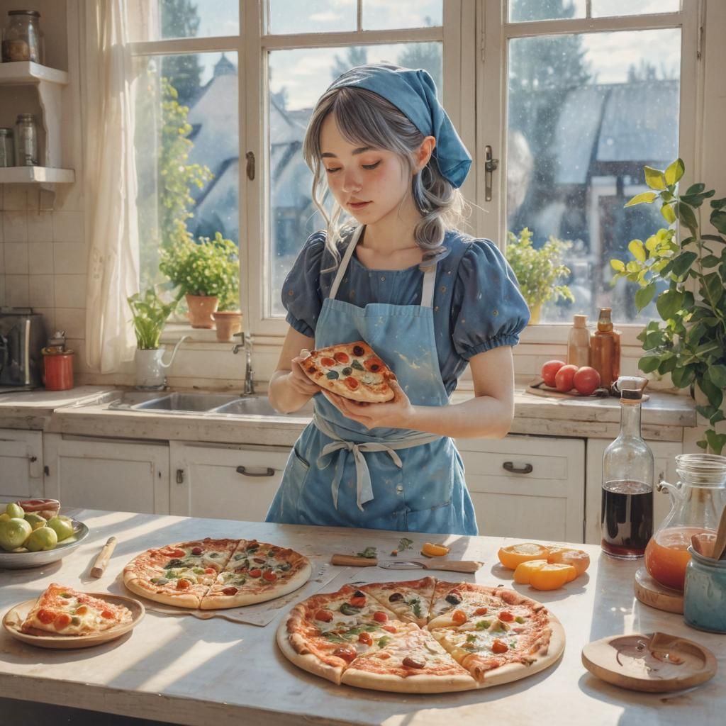 Kawaii Gnome Girl Makes Pizza in Manga Style