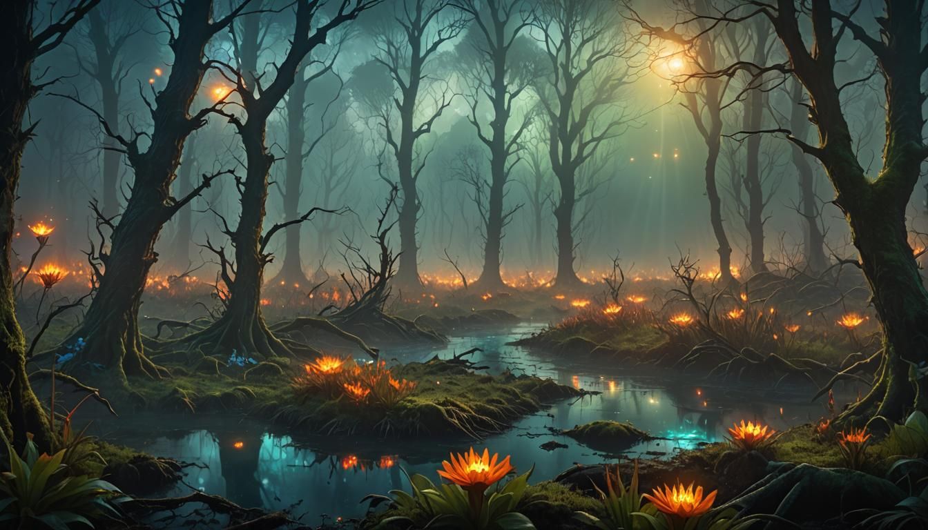 Glowing Fireflowers in a Misty Forest
