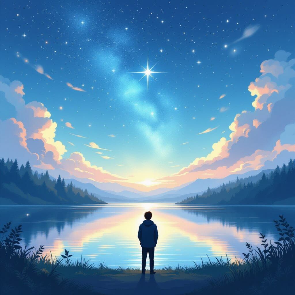 a person by a lake watchin' north star above