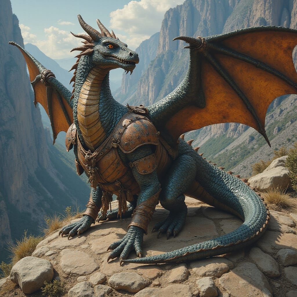 Ancient Dragon Amidst Dark Mountains in Weathered Painting S...