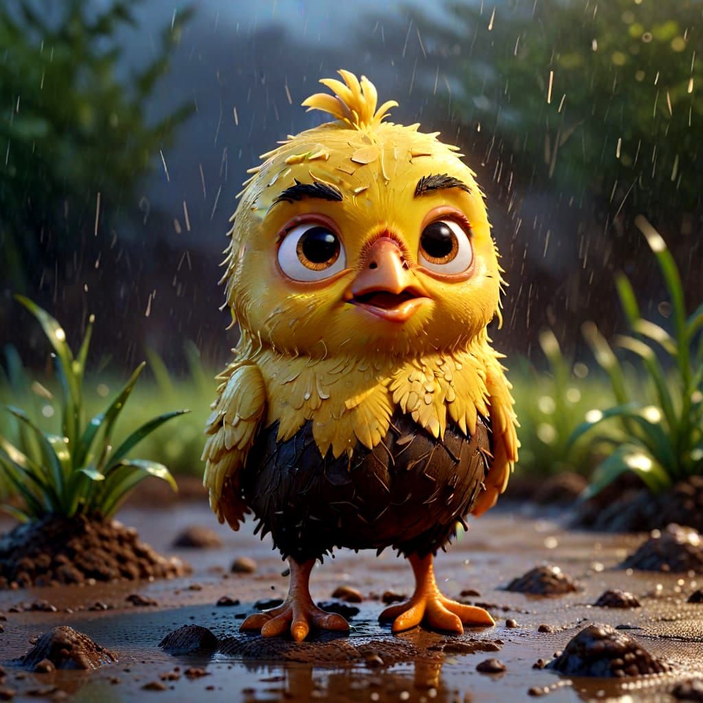 Grumpy Chick in the Rain: 3D Digital Art