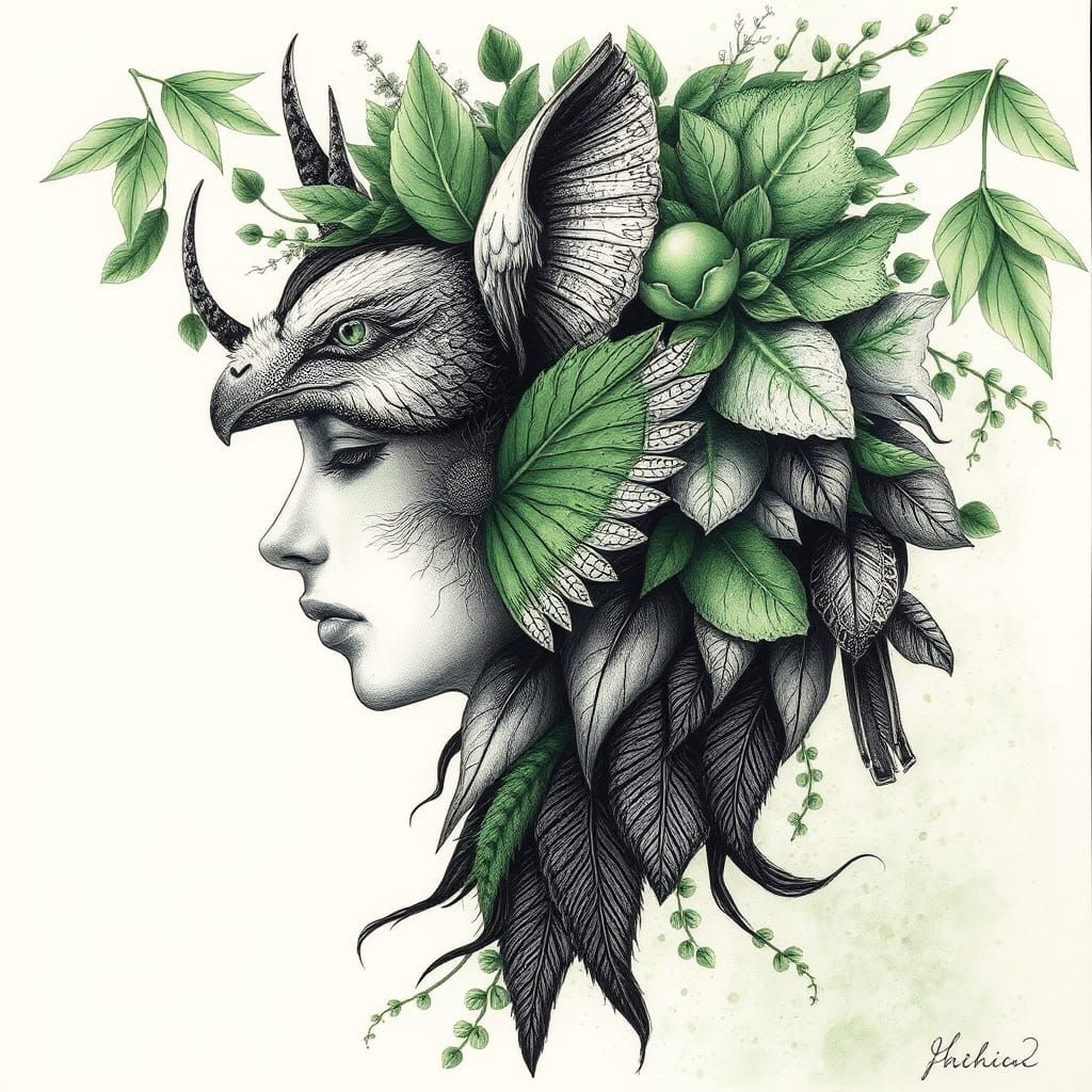 Nature-Inspired Profile in Charcoal Drawing with Green Tones