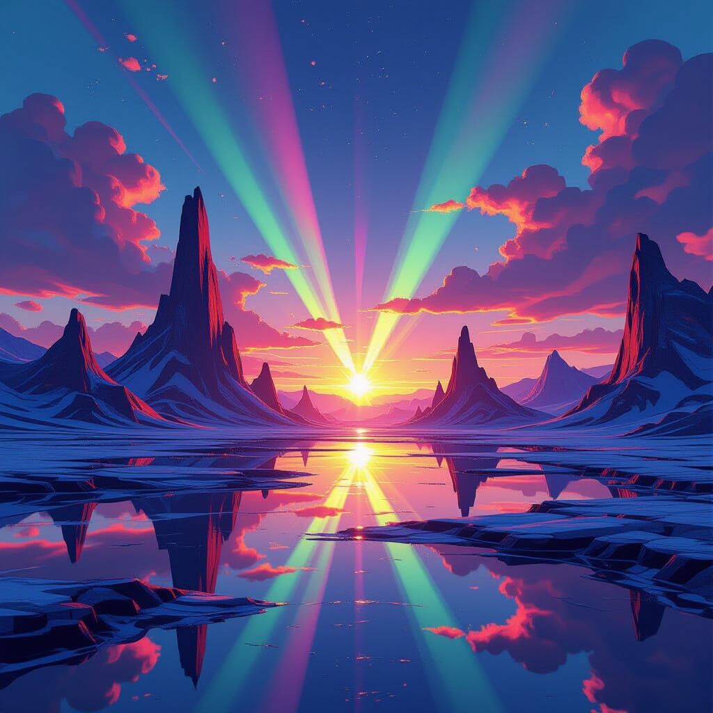 Dreamlike Landscape with Refracted Light and Prismatic Color...