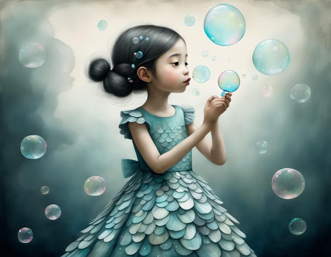 Girl in Fish Scale Dress Blowing Bubbles