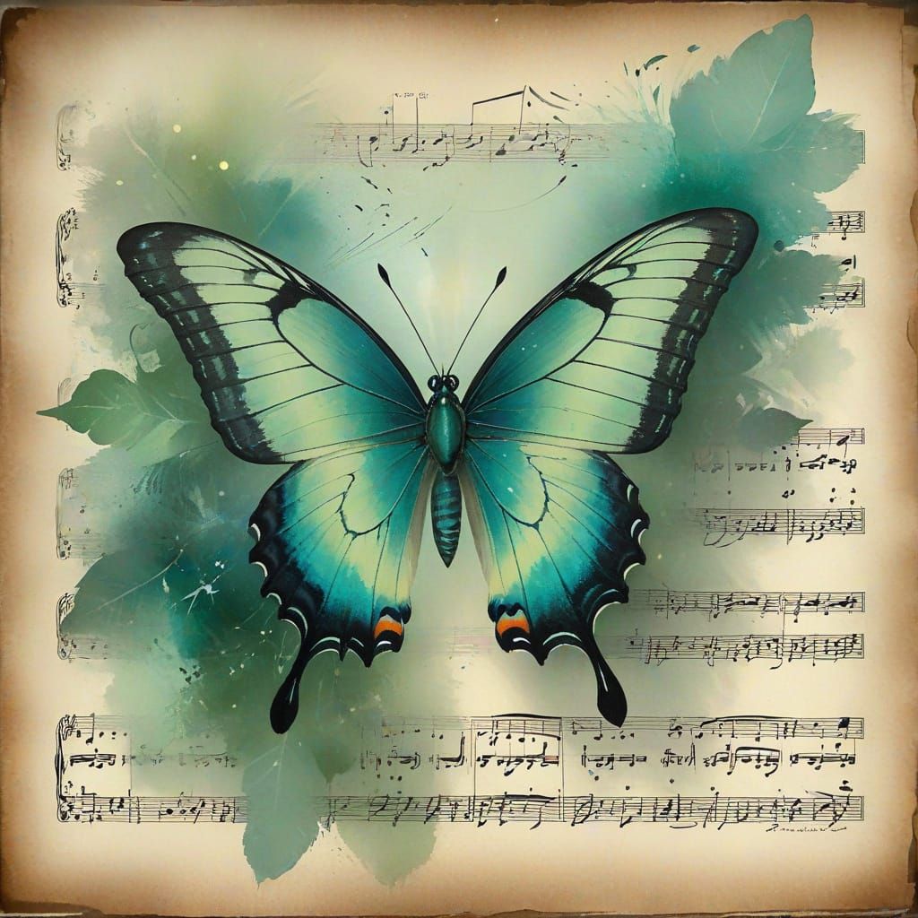 Emerald Butterfly on Faded Music Sheet in Ethereal Watercolo...