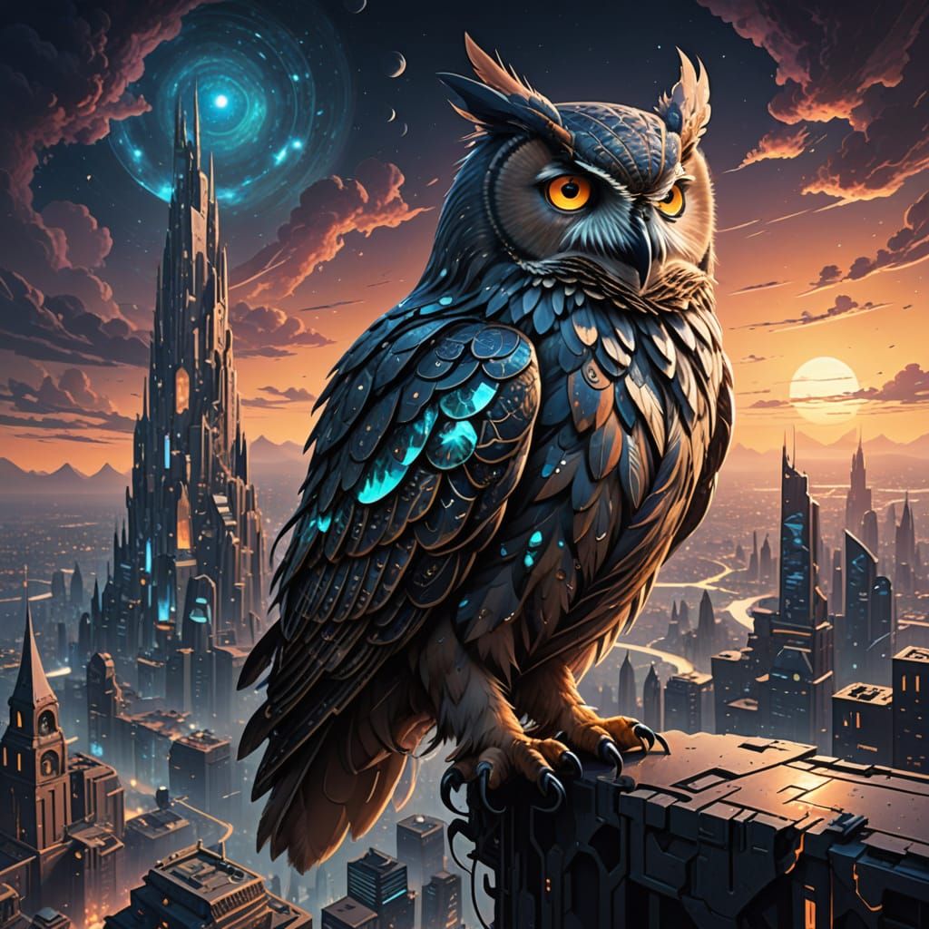 Cosmic Owl Over Crystal City in Binary Sunset