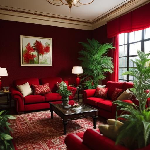 Luxurious Red Living Room with Plants: Photography