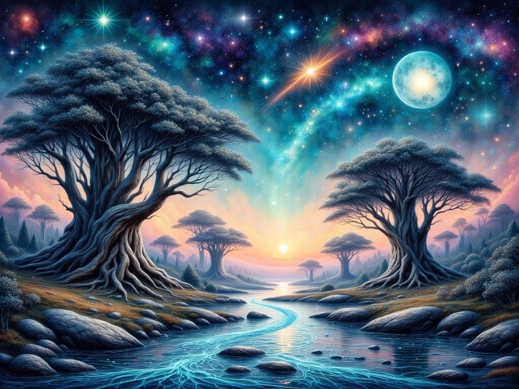 Ancient Glowing Forest with Moonlight River