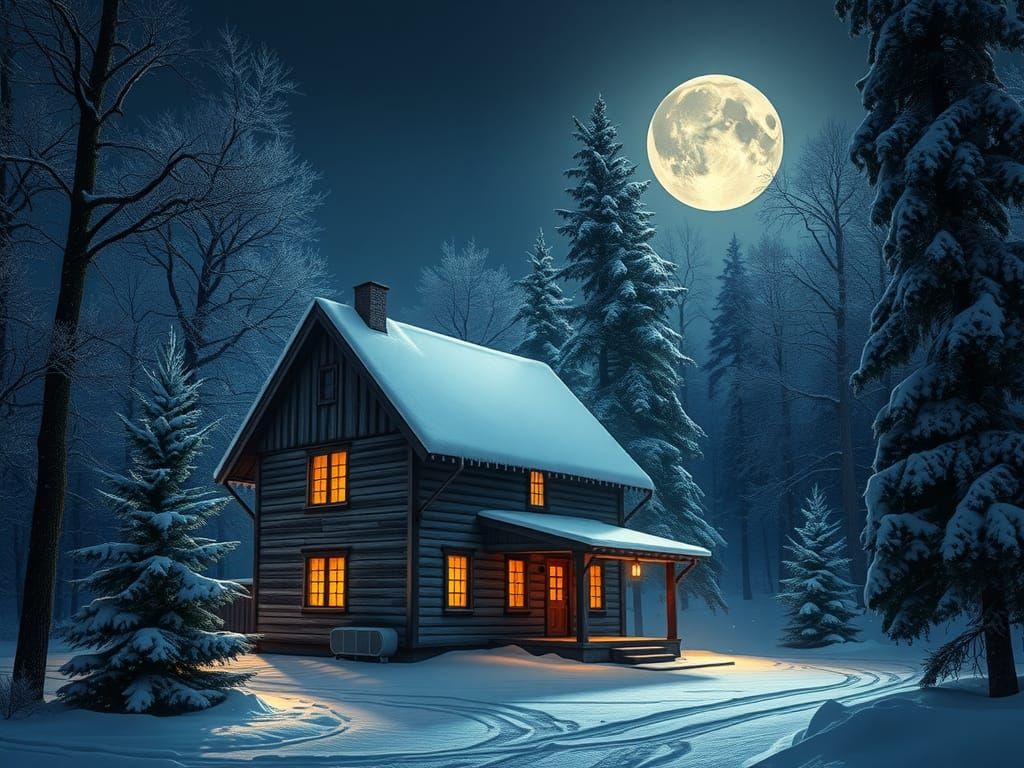 Winter Cabin in Snow-Covered Forest at Night