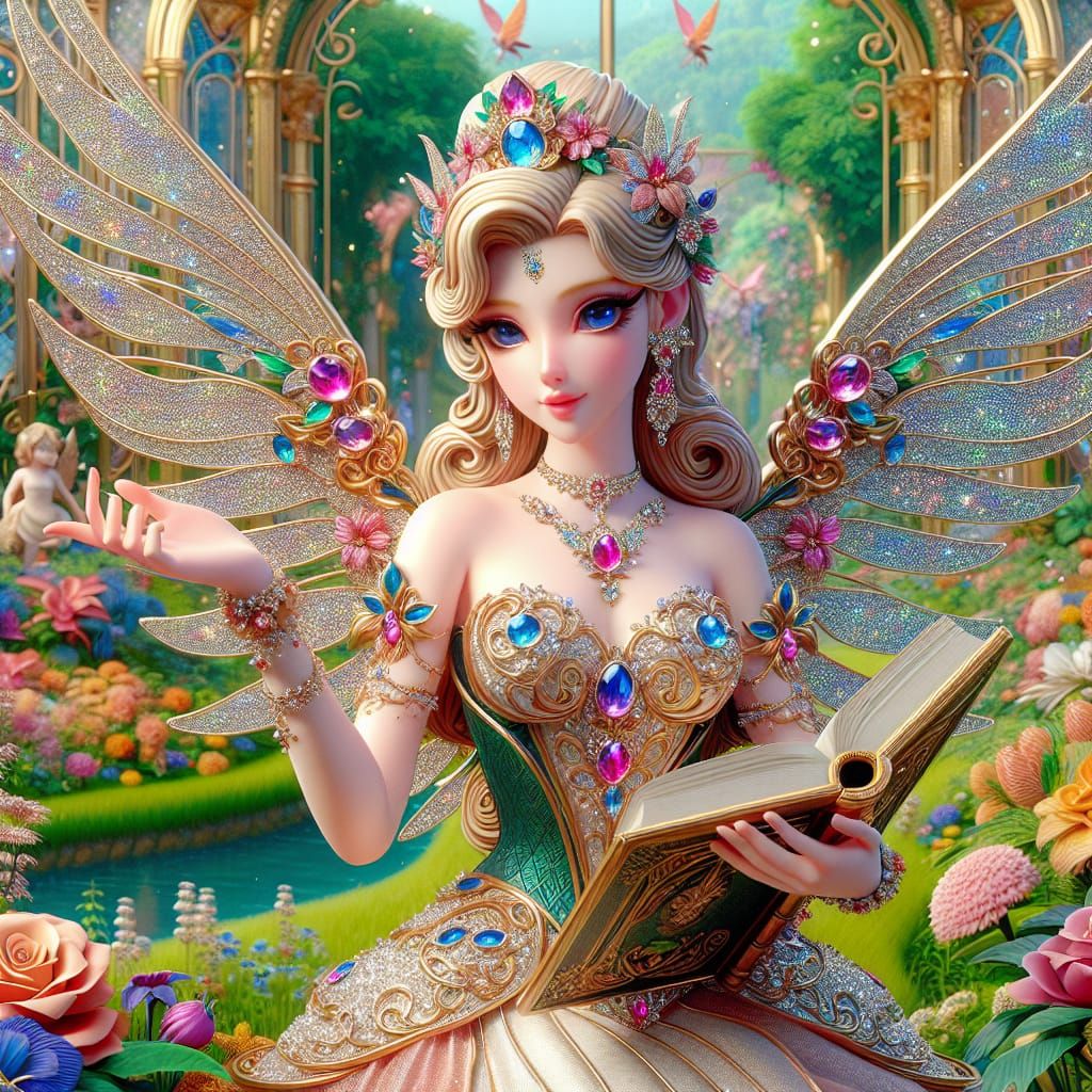 Disney Pixar style 3D gorgeous woman glittery garden guardian, big wings with sparkles and jewels, holding a book and a ...