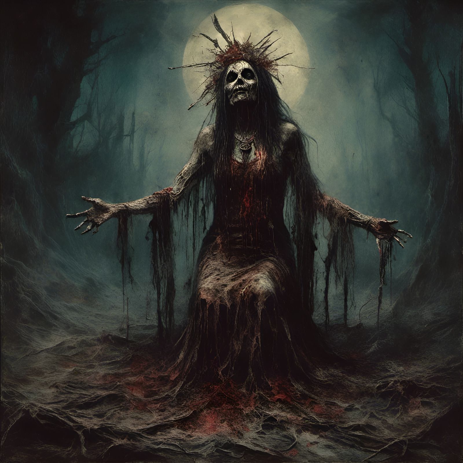 Native American Spirit Witch Rises: Macabre Illustration