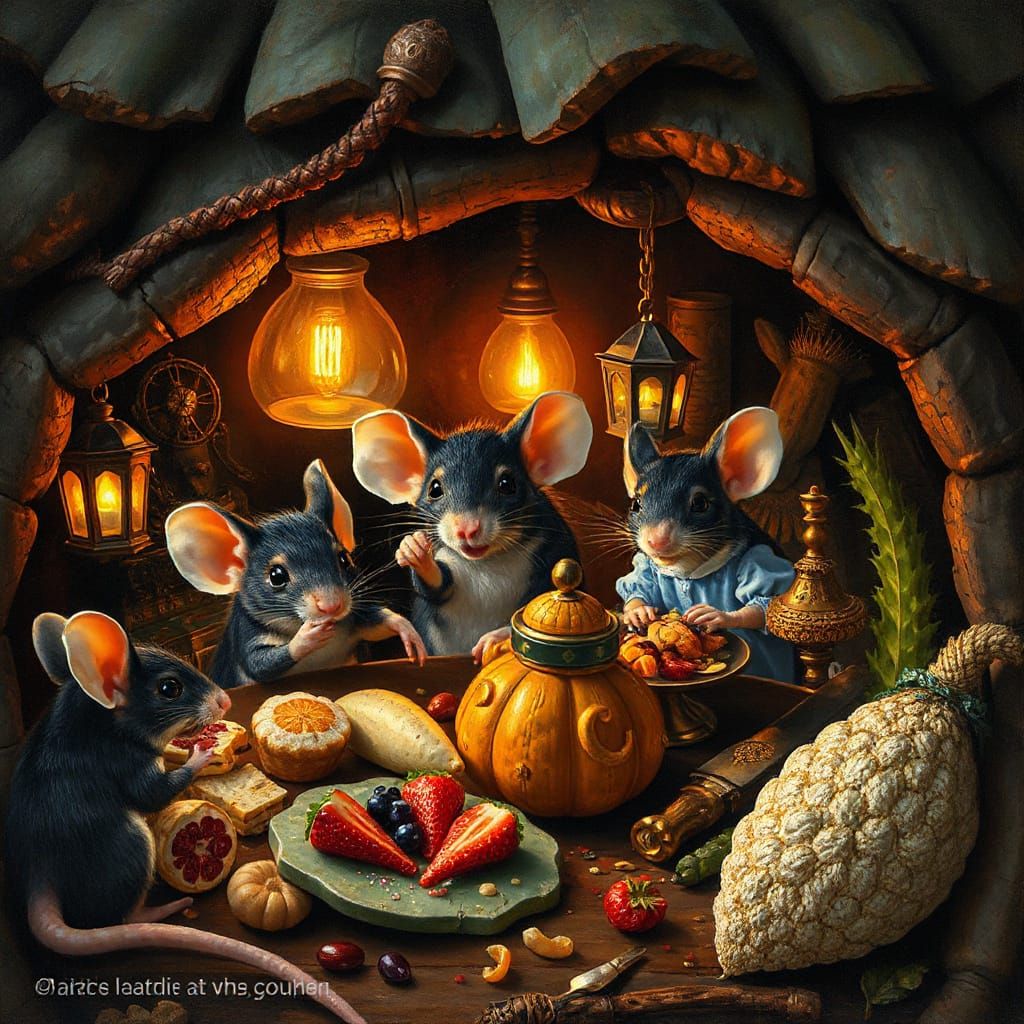 Mice Feast in Opulent Colonial Burrow, Chagall & Hals Style