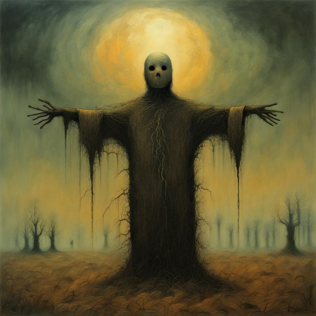 Beksinski-Inspired Scarecrow in a Dystopian Landscape