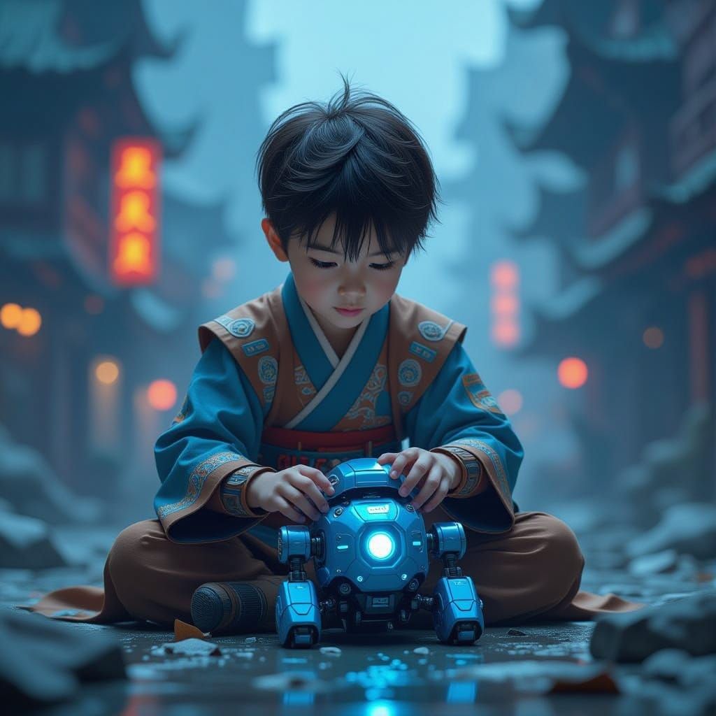 Boy Repairs Robot in Sci-Fi Cityscape Concept Art