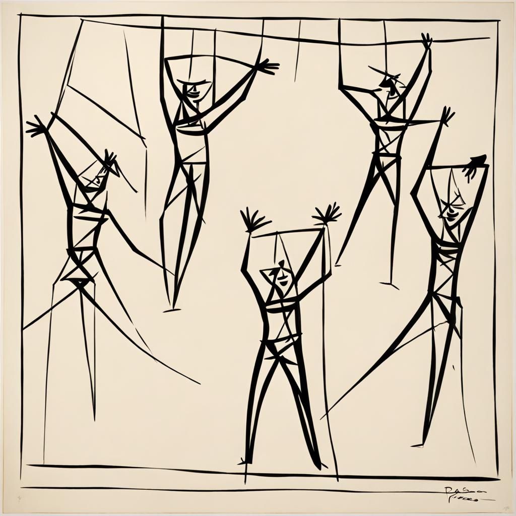 Acrobats Performing: Black Ink Traces in Picasso Style