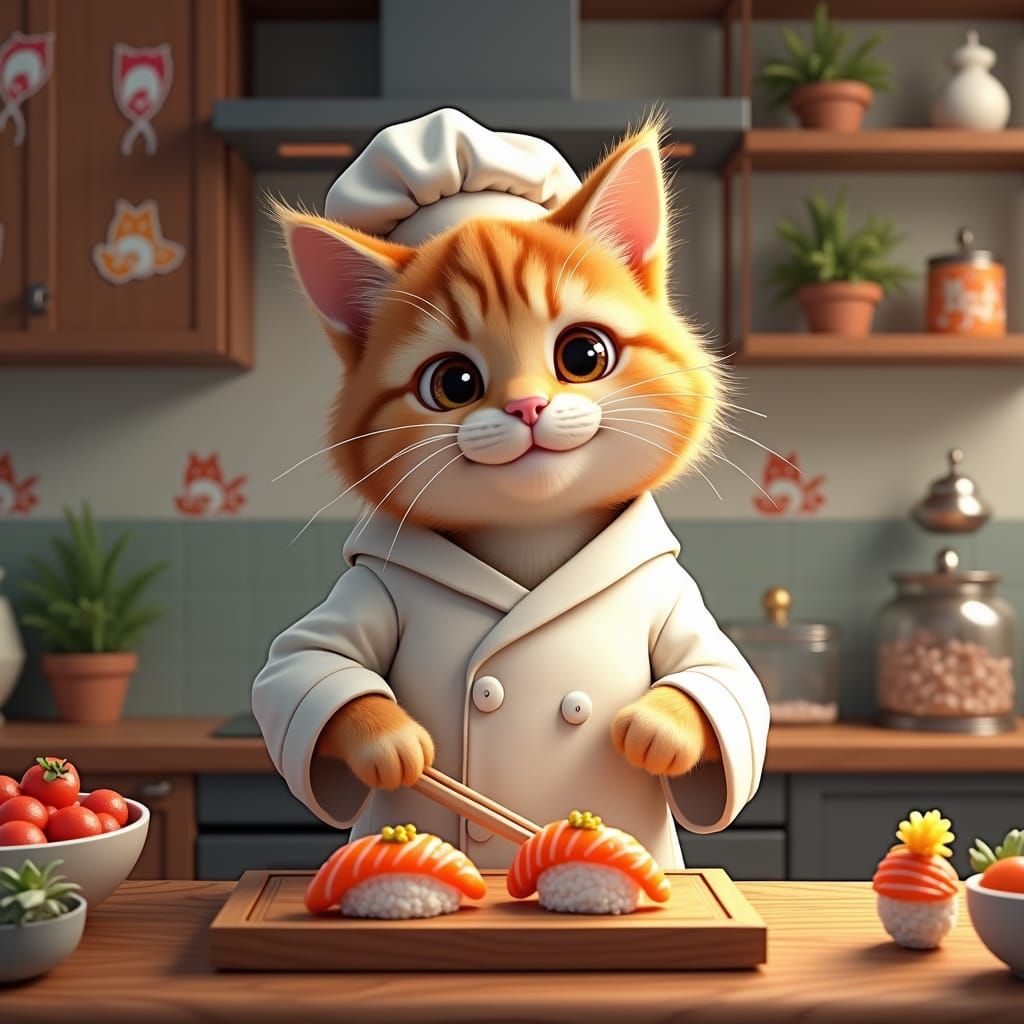 Adorable Cat Chef Makes Sushi: Hyper-Realistic Digital Art
