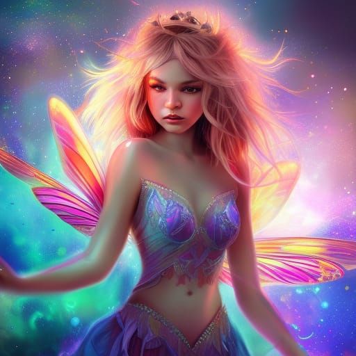 Hyperrealistic Fairy Girl in Colorful Cosmic Scene