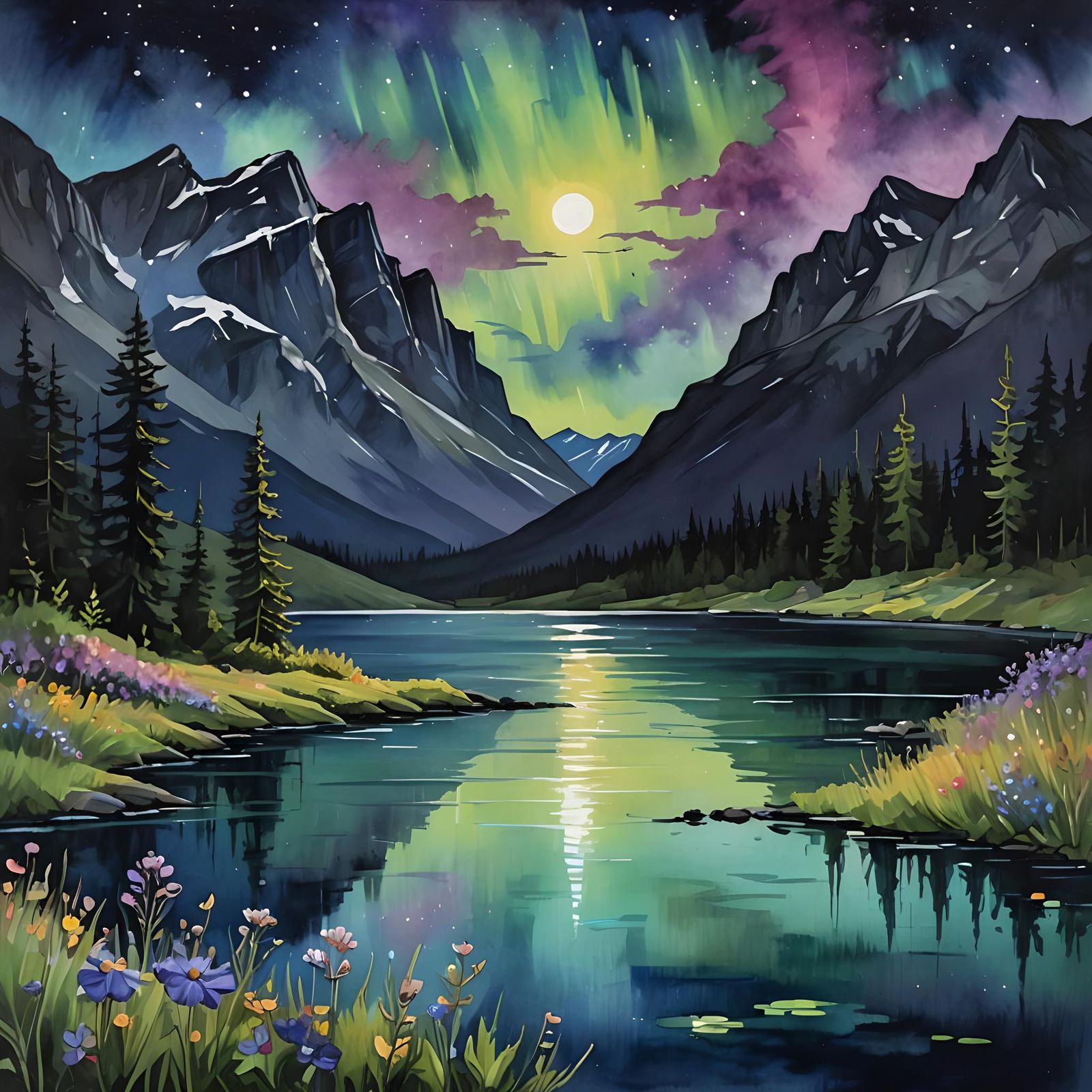 Aurora Borealis Over Moonlit Lake: Gouache Impressionism