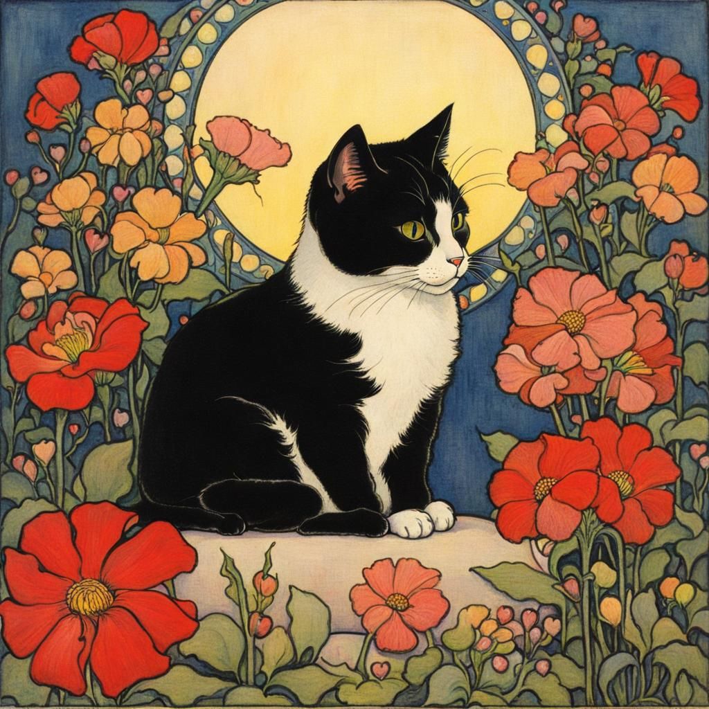 Cute Cat Surrounded by Flowers in Art Nouveau Style