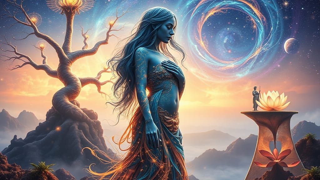 Surreal Woman in Dreamlike Realm with Fractal Tree