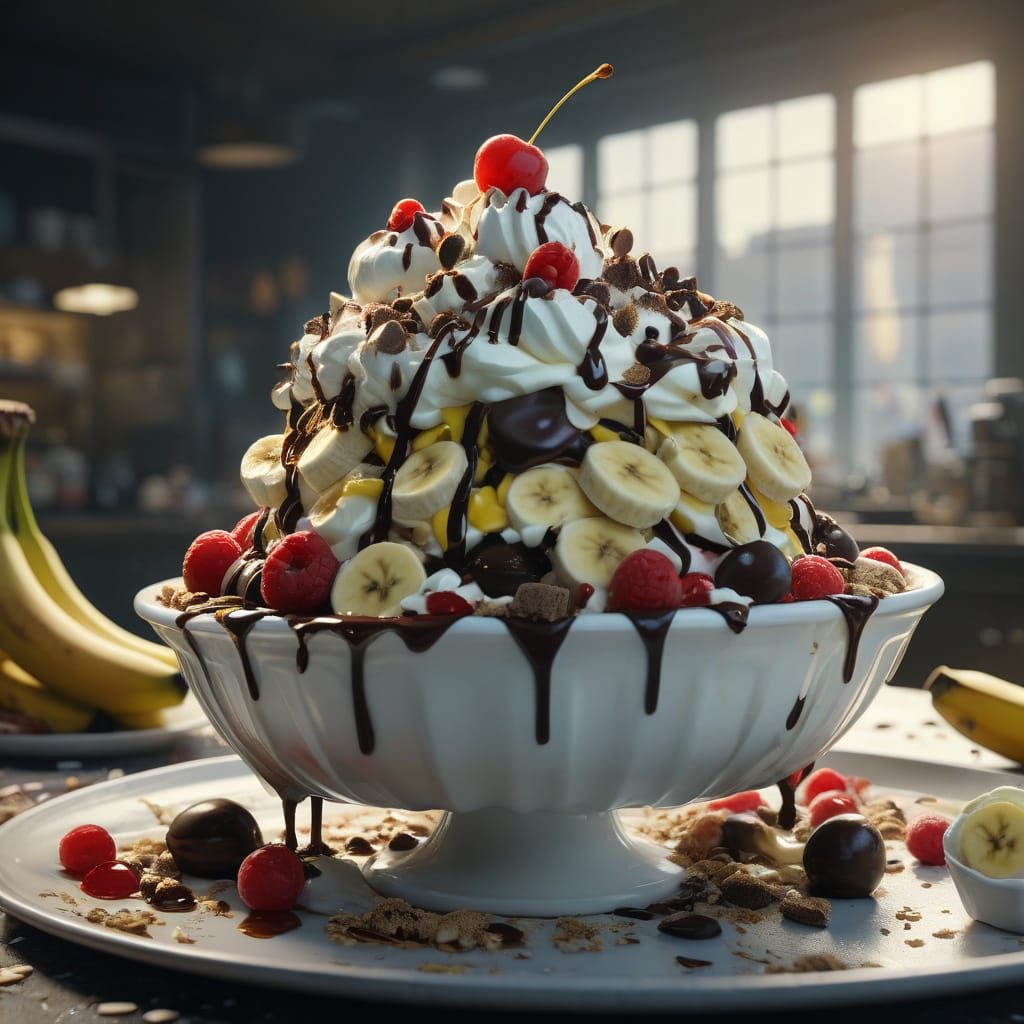Hyperdetailed Banana Split Sundae in Photorealistic Style