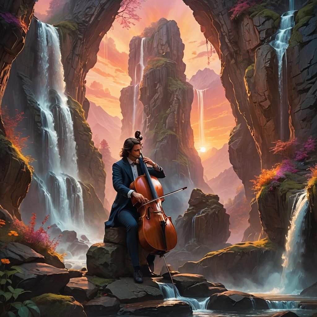 Cellist at Waterfall in Dreamlike Surreal Style