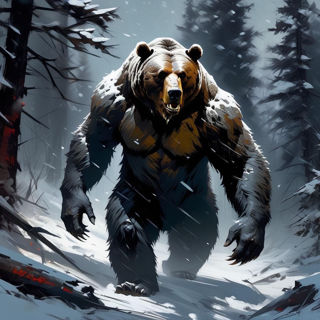 Frightening Werebear Walks in Snowy Woods at Night