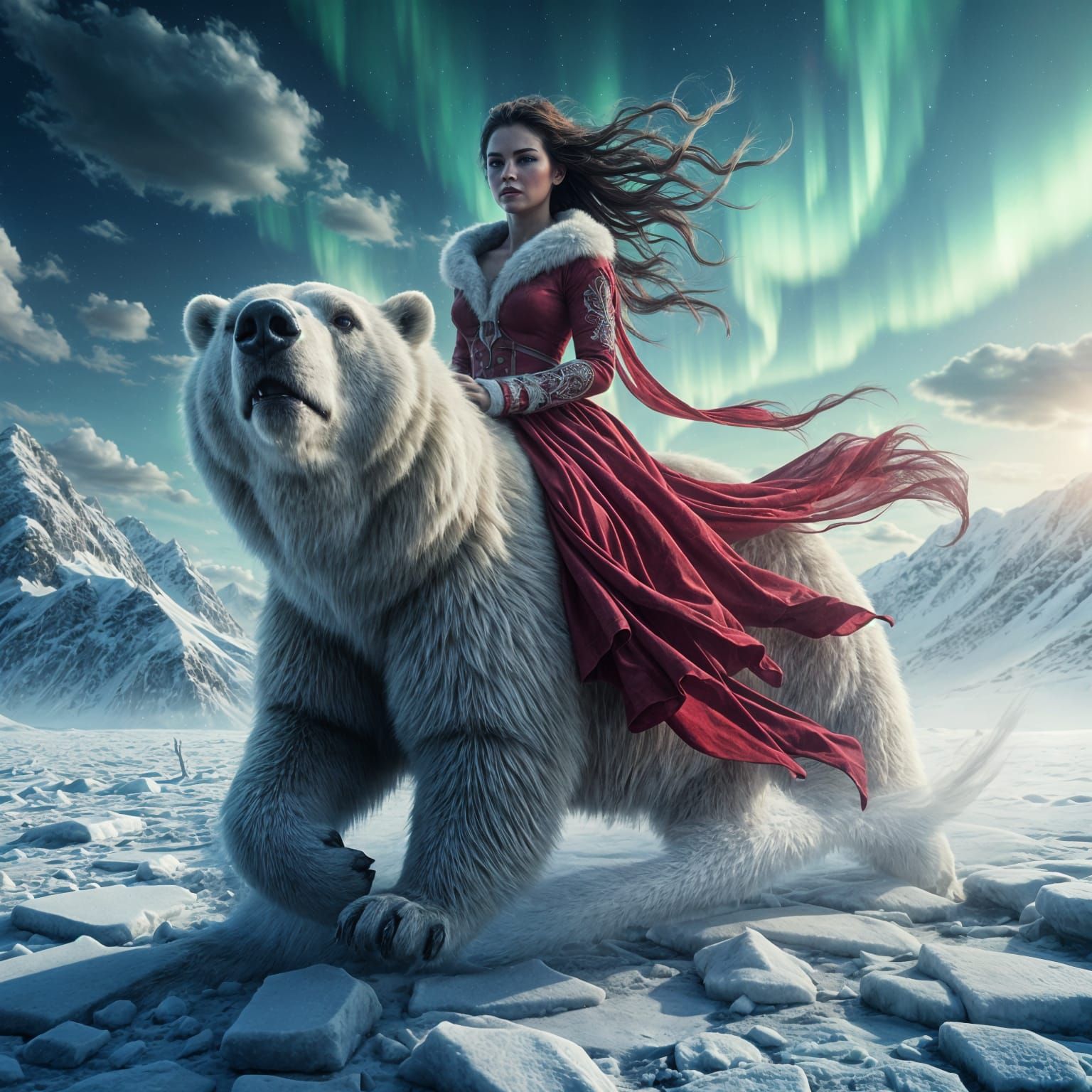 Warrior Woman Rides Polar Bear Under Aurora Borealis