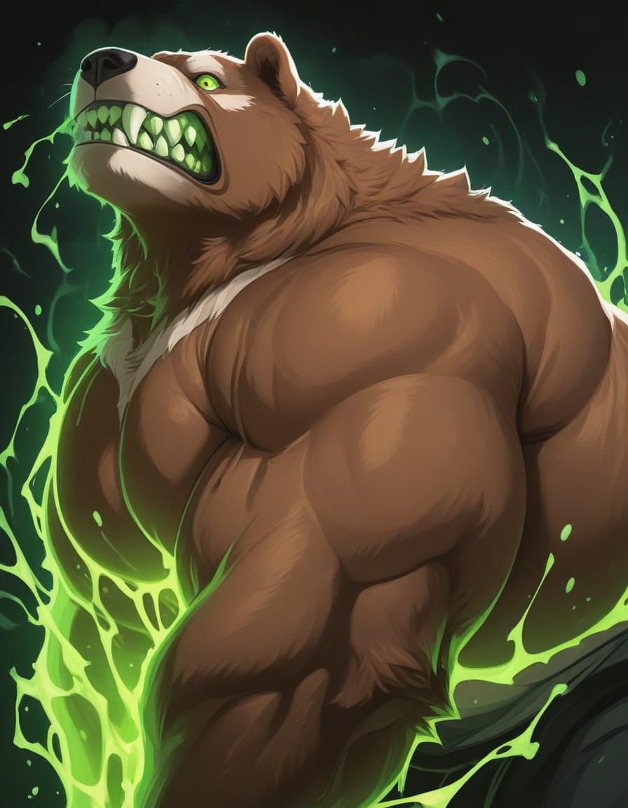 Mystical Kodiak Bear Shaman in Ominous, Green-Toned Landscap...