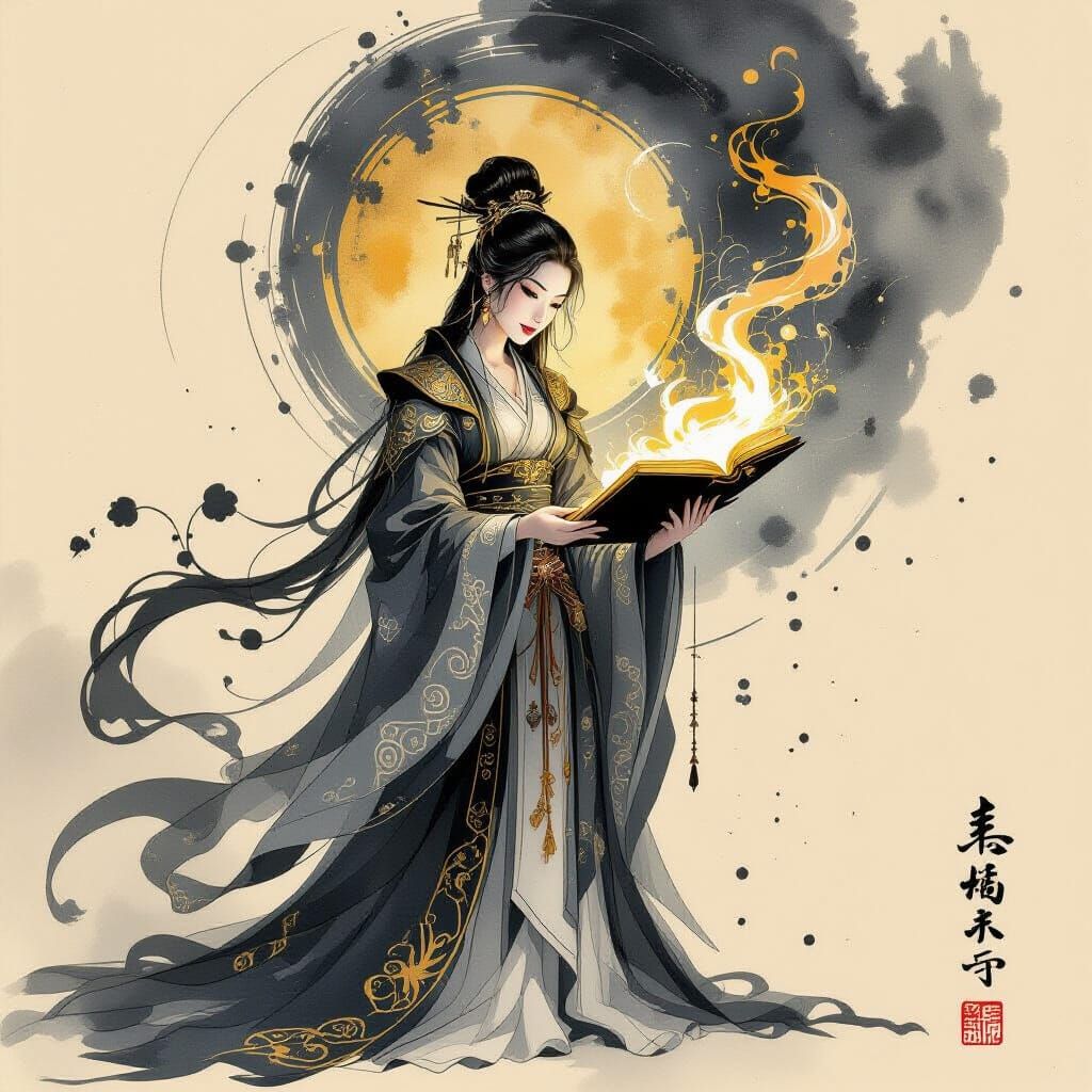 Mystical Figure Conjuring Magic, in Gouache Style