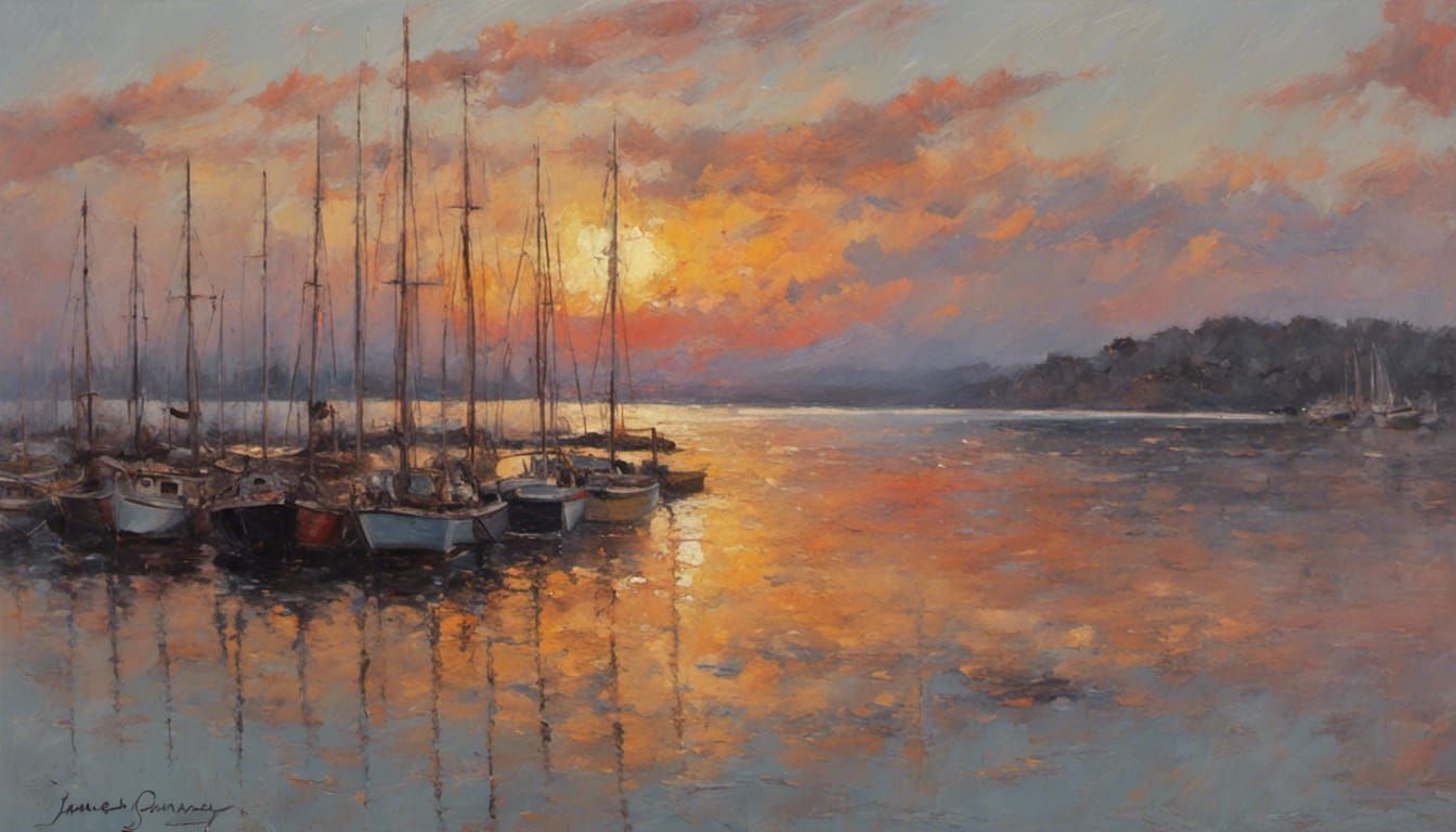 Sunset Over Bay in Romantic Realism Style