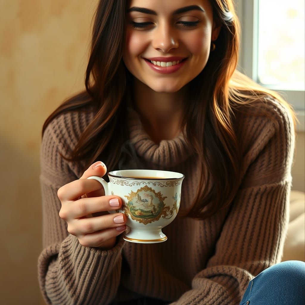 Serene Woman with Coffee in Cozy Morning Light