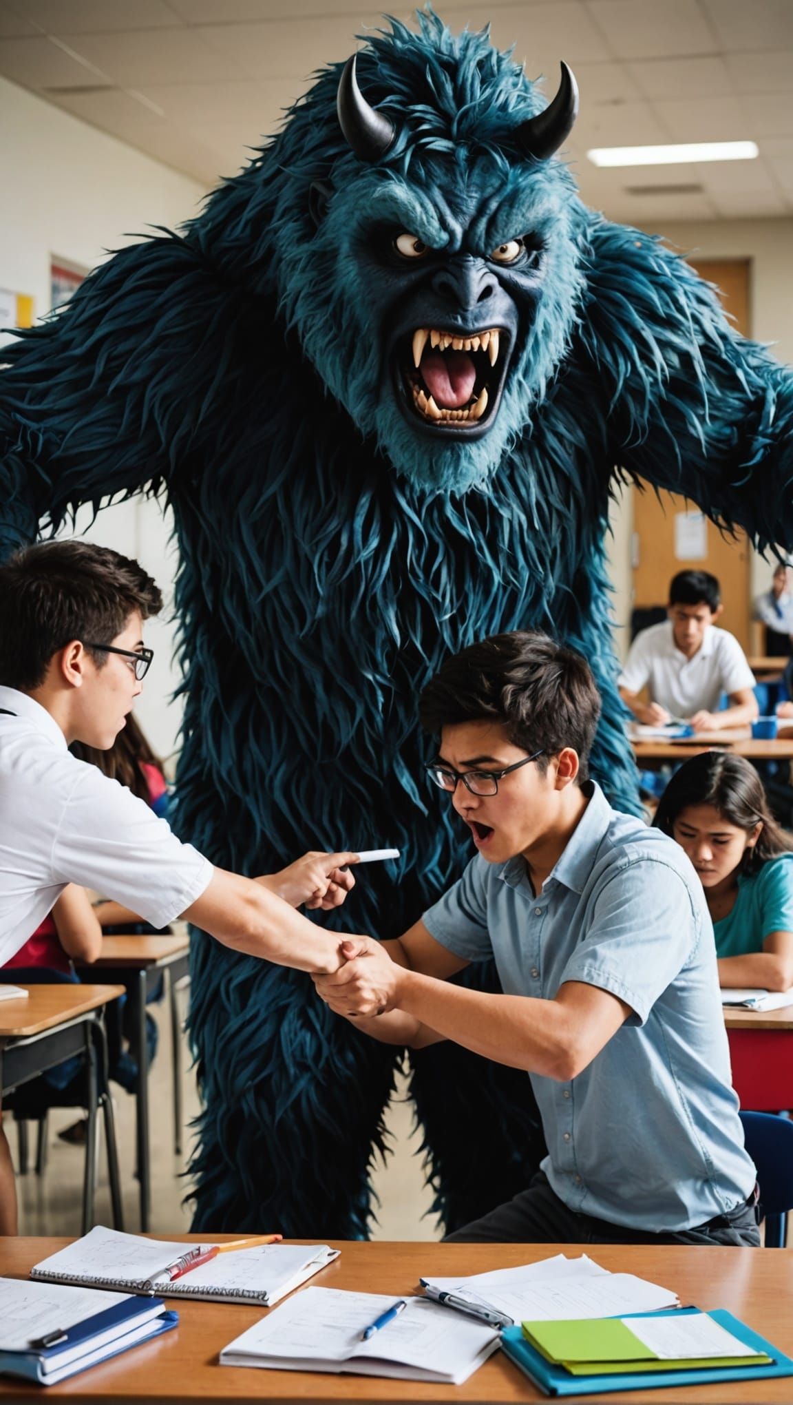 Exam Monster Attacks Student in Surreal Style